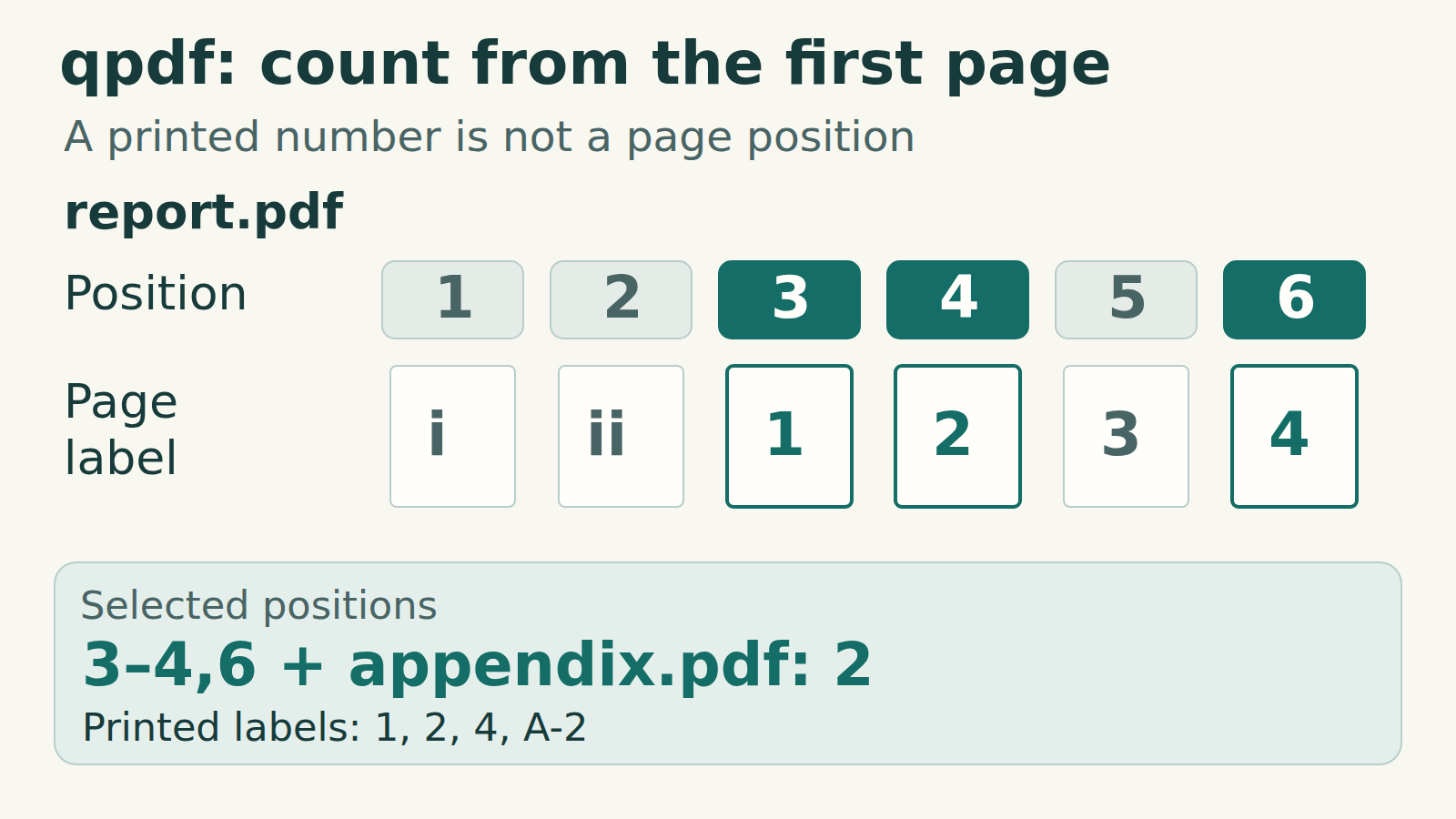 Physical positions 1–6 in report.pdf have printed labels i, ii, 1, 2, 3 and 4. Selected positions 3, 4 and 6 have labels 1, 2 and 4; appendix.pdf position 2 adds label A-2.